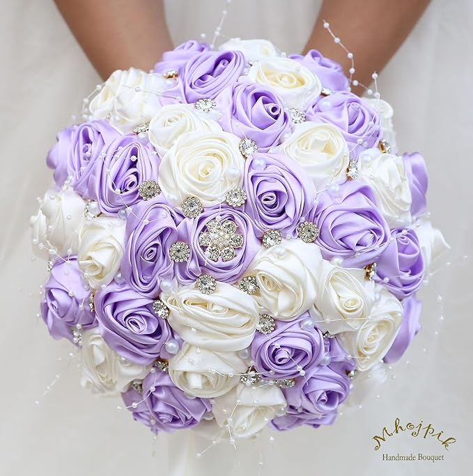 Bridal Wedding Bouquet Round Bling Brooch Bouquet Throw Toss Artificial Rose Flower Bunch for Bride Bridesmaid Wedding Quinceanera(Light Purple & Ivory, 8.7")