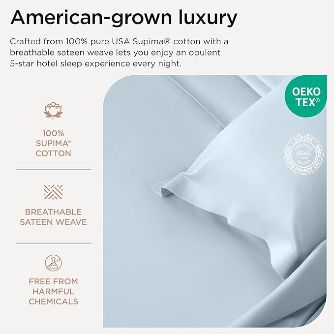 Threadmill Supima King Size Sheets, 1200 Thread Count, 4 Piece American Luxury Bed Sheets for King Mattress, 5 Star Hotel Quality Cotton Sheets with Elasticized Extra Deep Pocket, Light Blue