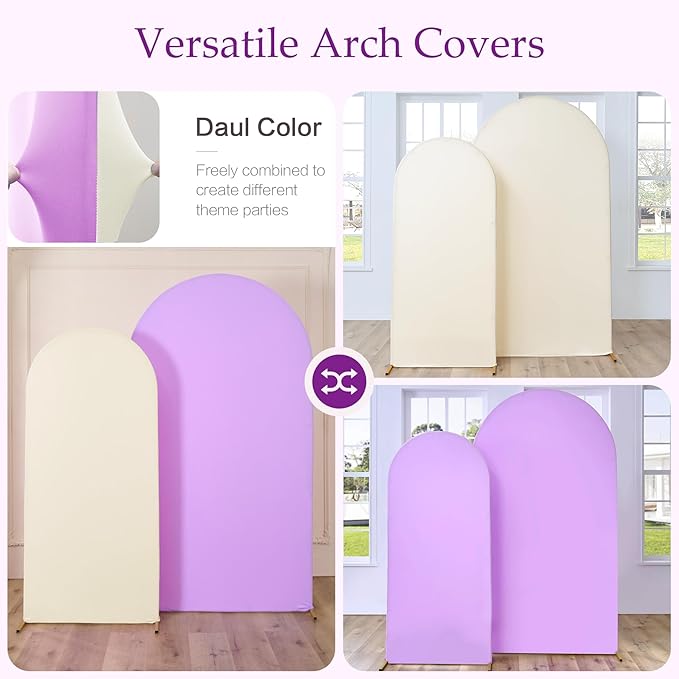 Ivory Purple Arch Backdrop Cover Set of 2-7.2ft 6ft Dual Color Wedding Arch Cover-Wrinkle Free Stretchy Spandex Cream Lavender Fitted Chiara Arch Stand Cover for Birthday Party Photo Photography