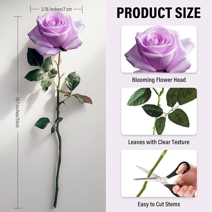 20PCS Artificial Roses with Long Stems - Realistic Silk Flowers, Fake Roses Real Touch Bouquet of Roses for Home Decor, Bridal Wedding Party Table Centerpieces, Bulk Faux Rose Flowers (White Purple)