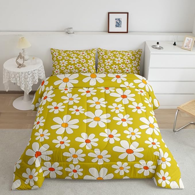 Hippie Flowers Bedding Comforters Queen Size,70s Retro Floral Comforter Set with 2 Pillowcases,Groovy Cartoon White Daisy 3pcs Children Adult Duvet Set,Soft