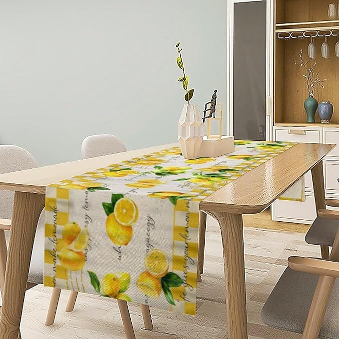 Lemon Table Runner , Summer Yellow Fruits Green Leaves Kitchen Dinning Table Decoration for Indoor Outdoor Home Party Decor 13x90 in