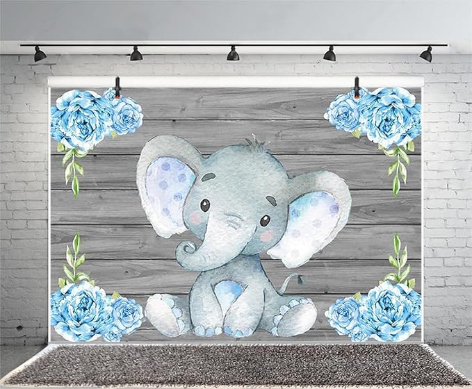 AOFOTO 12x8ft Elephant Rustic Grey Wooden Backdrop for Boy Baby Shower Watercolor Blue Floral Cartoon Animal Gender Reveal Photography Background It's a Boy Newborn Kids Birthday Party Decoration