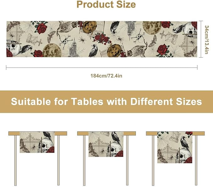 Gothic Floral Table Runner, Retro Dark Skull Crow Vintage Flower Halloween Pumpkin Witchy Coffee Table Center Decor for Home Kitchen Dining Patio Holiday Party Table Decorations 13x36 inches