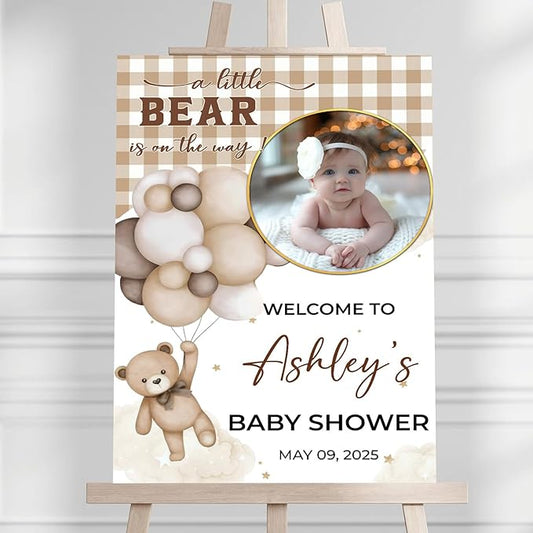 Personalized Baby Shower Welcome Sign For Outdoor, Custom Bear And Balloon Baby Shower Yard Sign With Photo, A Little Bear Is On The Way Sign, Moon Star Decorations Theme
