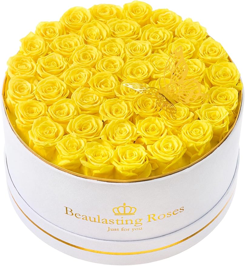 Preserved Roses Forever Flowers Real Roses in a Box Mother's Day Birthday Flowers for Her Mom Women Wife Valentine's Day, Yellow, 47 Piece