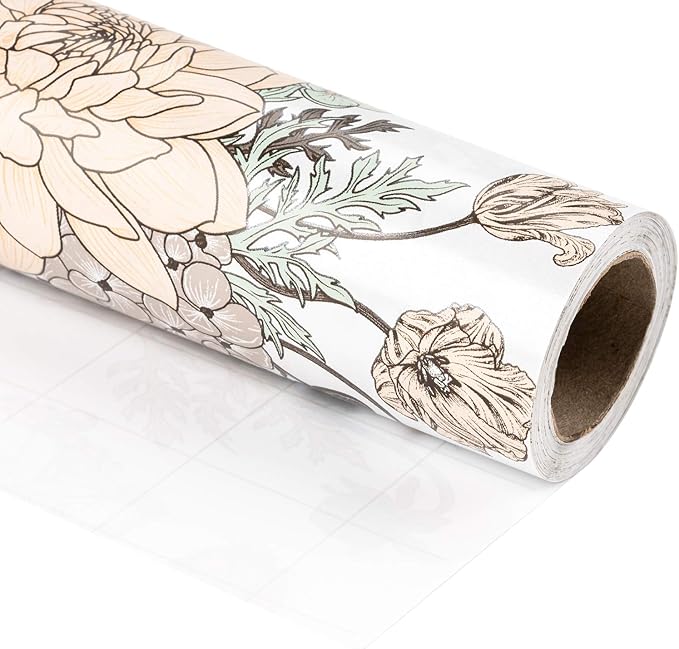 WRAPAHOLIC 30 Inch Floral Wrapping Paper - 30 Inch X 33 Feet - Vintage Floral Printed on White Pearlized Paper Design for Wedding, Birthday, Mother's Day, Party