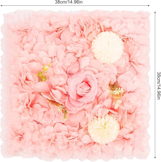 Flower Wall Panel Set, Artificial Wall Flower Backdrop,Artificial Flower Wall Mat Silk Rose Flower Panels,Hydrangea Rose Floral Panel for Party Wedding (12pcs Pink, Champagne)