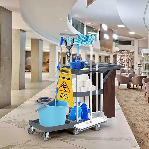 Commercial Housekeeping Utility Cart, Janitorial Cleaning Carts On Wheels, Janitorial Cart with Cover and Vinyl Bag, 3 Shelf Service Carts for Hotel/Stores/Restaurants/Hospitals/Schools/Business