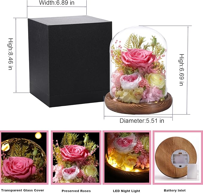 Flowers for Delivery Prime Preserved Flowers Pink Roses with LED Light in a Glass Dome,Long Lasting Real Roses Birthday Gifts for Women Daughter Mom Wife Friend（Pink Rose）