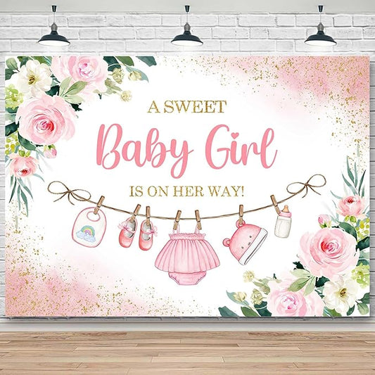Sensfun Cute Clothes Baby Shower Backdrop A Sweet Baby Girl is On Her Way Banner Watercolor Pink Floral Sweet Little Girl Baby Shower Party Decorations Banner Supplies Photo Booth Props 5x3ft