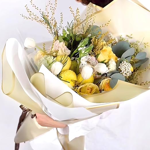 20 Sheets Gold Flower Wrapping Paper, Waterproof Floral Wrap Gold Edge Bouquet Wrapping Paper Florist Supplies (22.8 x 22.8 inch)