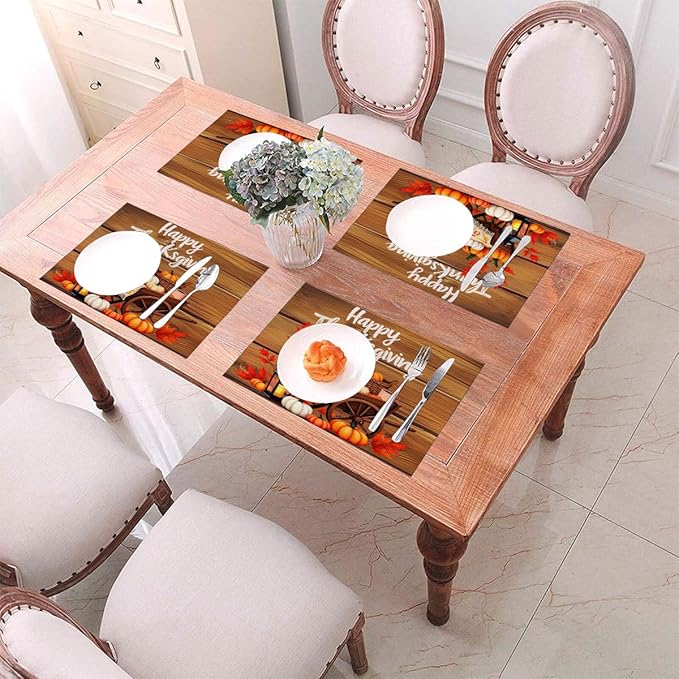 PVC Placemats Set of 4 Wipeable Table Mats Washable Heat Resistant Non Slip Vinyl Dining Table Mat for Kitchen Indoor Outdoor Patio Farmhouse Place Mats Thanksgiving Pumpkin Cart Decorative