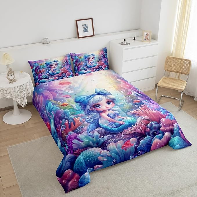 Cute Mermaid Comforter Set Twin Size,Beautiful Mermaid Fairy Tale Reversible Bedding Set for Kids Boys Men,Watercolor Coral Cartoon Undersea World Quilted Duvet Set with 1 Pillowcase