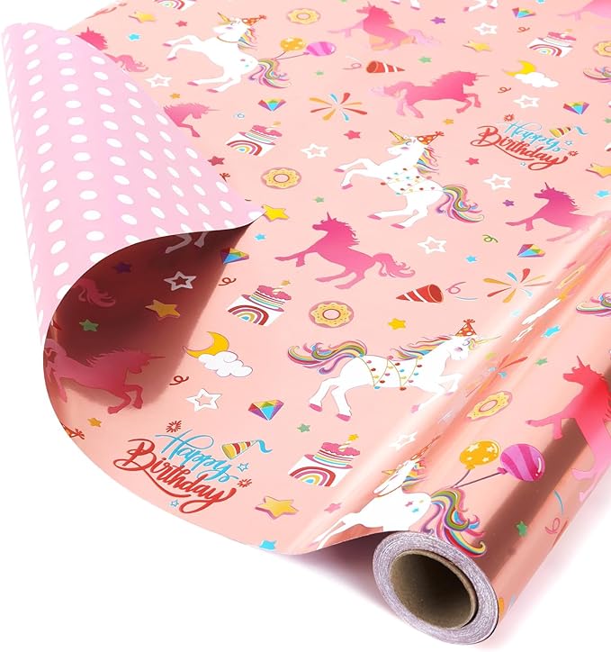 WERNNSAI Unicorn Gift Wrapping Paper Roll - 1 Roll 17” x 33 ft Baby Girl Pink Wrapping Paper for Kids Unicorn Birthday Party Decor Supply, Reversible Metallic Foil Dots Design Dream Princess Style