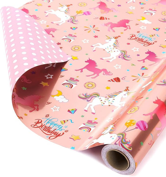 WERNNSAI Unicorn Gift Wrapping Paper Roll - 1 Roll 17” x 33 ft Baby Girl Pink Wrapping Paper for Kids Unicorn Birthday Party Decor Supply, Reversible Metallic Foil Dots Design Dream Princess Style