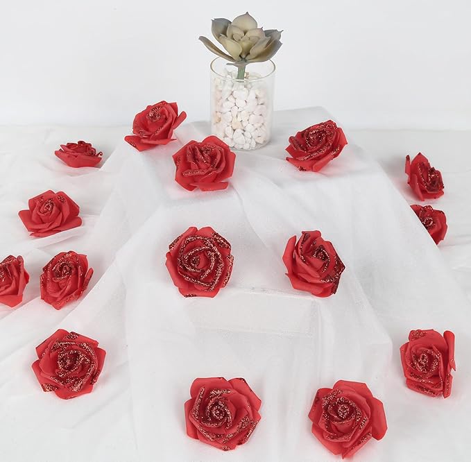 100pcs Red Glitter Roses 2.56" Artificial Red Roses Foam Glitter Flowers Fake Red Roses Faux Flowers for Bridal Shower Centerpieces DIY Wedding Flower Floral Arrangements (Red)