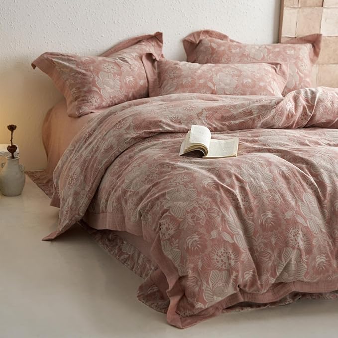 VM VOUGEMARKET Jacquard Floral Duvet Cover Set King,Yarn-Dyed Cotton Blush Pink Flower Duvet Cover Bordered,Vintage Garden Style Bedding Set King Size 3 Pieces