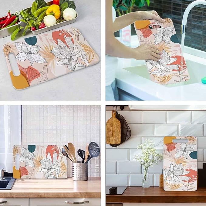 Floral Art Line Cutting Board Summer Tone Tropical Leaf Lotus Flower Grip Handle Chopping Boards Cutting Board for Kitchen Plastic 16" x 10" x 0.24"