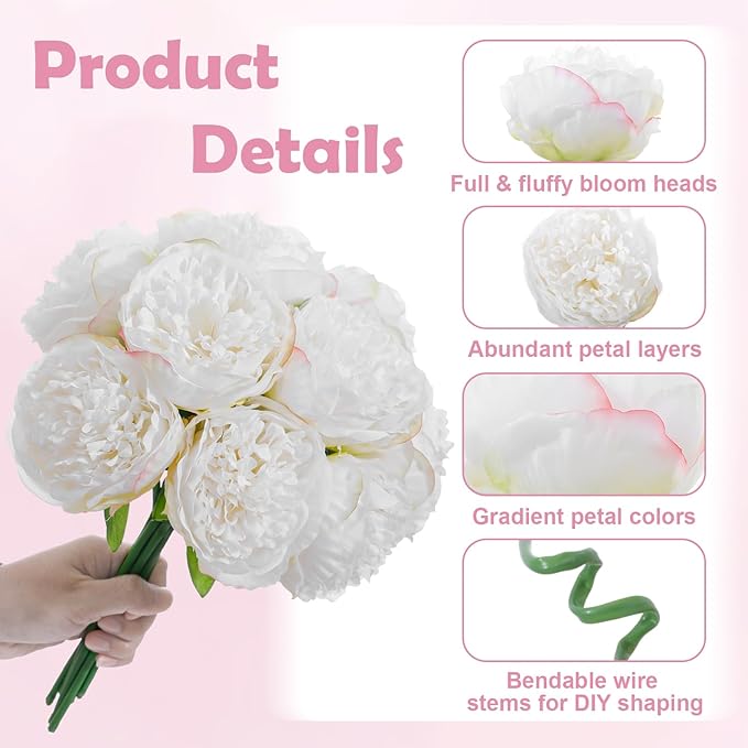 10PCS White Realistic Artificial Flowers Peony Fake Silk for Home Office Wedding Table Centerpieces Party Festival Bar Decoration Indoor