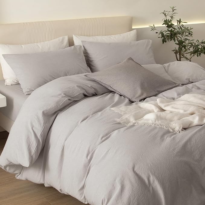 JIYUAN 100% Washed Cotton Duvet Cover Set 3 Pieces Full, 1 Duvet Cover 80x90 Inches(Comforter Not Included) and 2 Pillowcases,Linen Feel Bedding Set Comfy and Breathable, Heathered Cream Grey