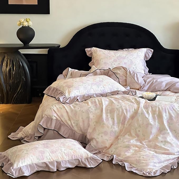 HighBuy Purple Floral Duvet Cover Twin XL Brushed Cotton,Ruffle Design 3 Piece Natural Cotton Soft Bedding Comforter Cover Set for Teen College Vintage Coquette Bedding Breathable