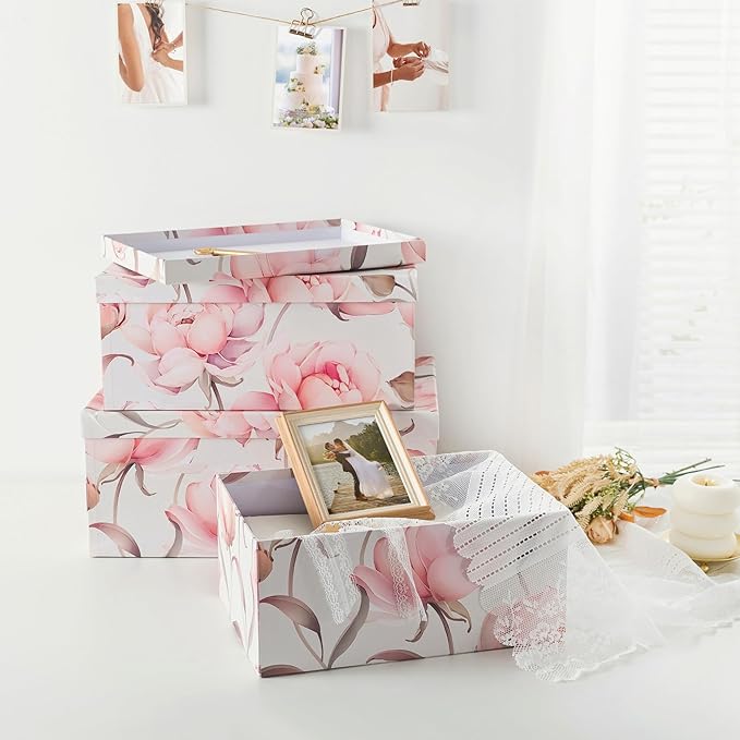 Soul & Lane Decorative Cardboard Storage Boxes with Lids for Home Decor and Organization, Set of 3 Large Keepsake Boxes for Memories & Gifts, Nesting Floral Photo Storage Containers, Peonies Paradise