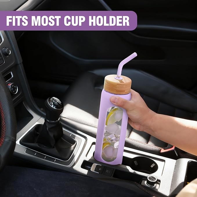 24 oz Glass Water Bottle, Glass Tumbler with Straw, Reusable Drinking Bottles with 2 Lids-Handle Lid&Bamboo Straw Lid, Silicone Sleeve, for Sports, Home,1 Pack-Purple