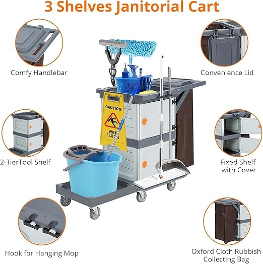 Janitorial Cart with 2 Cabinet, Commercial Traditional Janitorial 3-Shelf Cleaning Cart On Wheels with Cover and Vinyl Bag, Hotel Housekeeping Room Service Utility Cart, Grey