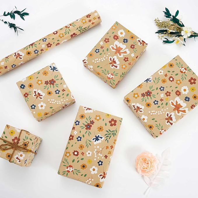 WERNNSAI Floral Kraft Wrapping Paper Roll - 1 Roll 17”x 33 ft Flower Bouquet Wrap Favor Brown Gift Wrap Paper Kids Adults Wildflower Decorative Art Supplies for Wedding Spring