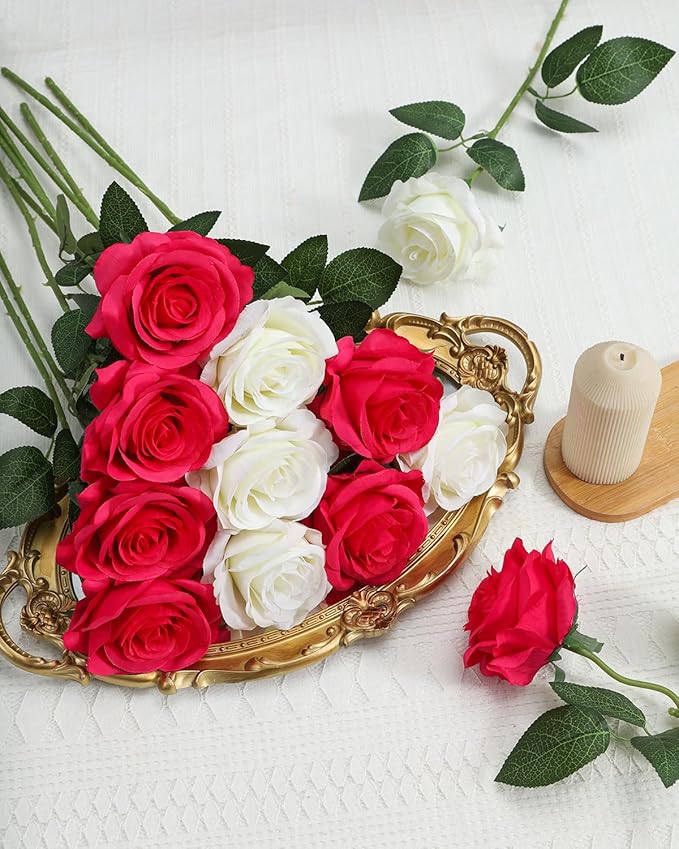 LFF 10pcs Silk Roses Artificial Flowers Fake Long Stem Roses for DIY Wedding Bouquet Home Decoration (Hotpink)
