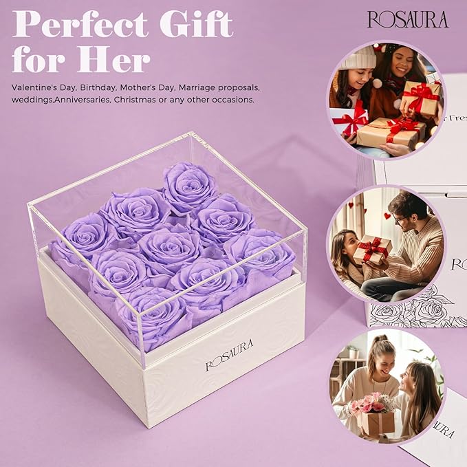 Rosaura Square Preserved Roses Gift Box - Real Forever Flowers in Clear Acrylic Lid, Valentine's for Women (Light Purple, 9 Roses)