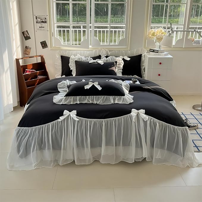 Girls Lace Bedding,Queen Comforter Cover Set, Chic Ruffled Duvet Cover with Lovely Bow,Princess Style 1 Duvet Cover with 2 Pillowcases, No Comforter-Black,Full Size