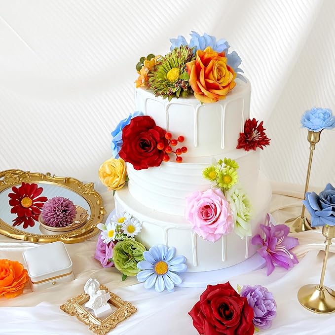 Colorful Artificial Flowers Combo Box Set Rainbow Silk Roses with Stems Sunflower DIY Bridal Wedding Bouquets Cake Fake Floral Arrangements Baby Shower Party Table Centerpieces Home Decor Bulks