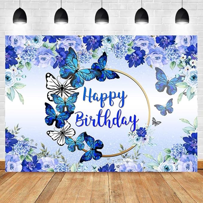Butterfly Happy Birthday Backdrop Royal Blue Floral Photography Background Women Blue Flowers Birthday Wishes Party Decorations Banner Supplies Photo Booth 7x5ft