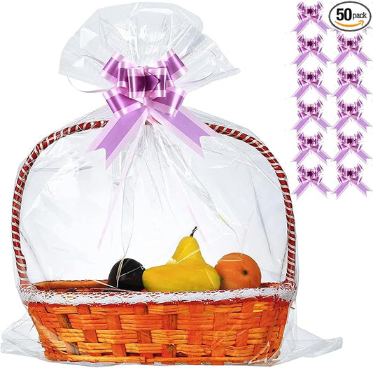 50 Packs 32" x 40" Cellophane Bags for Basket Extra-large Jumbo Clear Cellophane Wraps Clear Huge Cello Bags for Baskets, Gifts, Christmas Trees, Treats, Arts and Crafts, 50ct Ribbon Bows