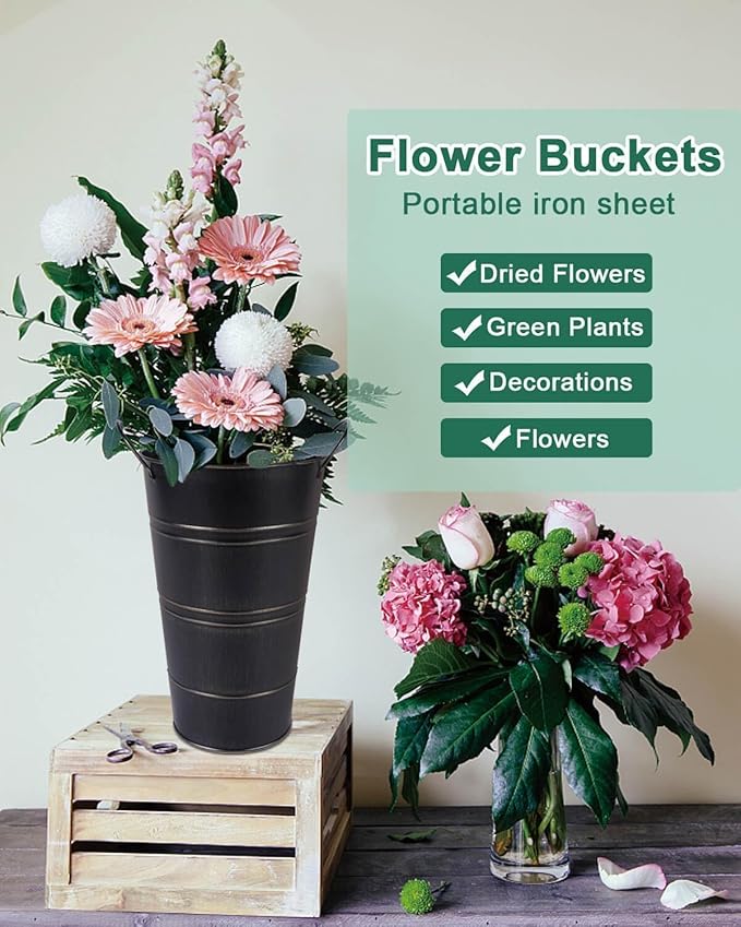 12 Inch Galvanized Metal Vases for Flowers - 2 Pcs Farmhouse Decorative Tall Flower Bucket with Handles, Rustic French Tin Planter Buckets for Wedding Decor (Black)