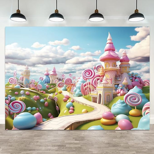10x8ft Candyland Backdrop Fantasy Candy Castle Photography Background Sweet Lollipop Dream Blue Sky White Cloud Kids Birthday Banner Decorations Baby Shower Newborn Portrait Photo Booth Prop