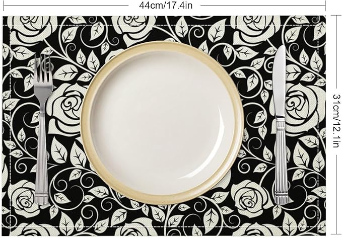 Retro Flowers Placemats Set of 6, 17x12 Inch Modern Aesthetic Black White Florals Leaves Art Print Table Mats for Home Party Kitchen Dining Decor