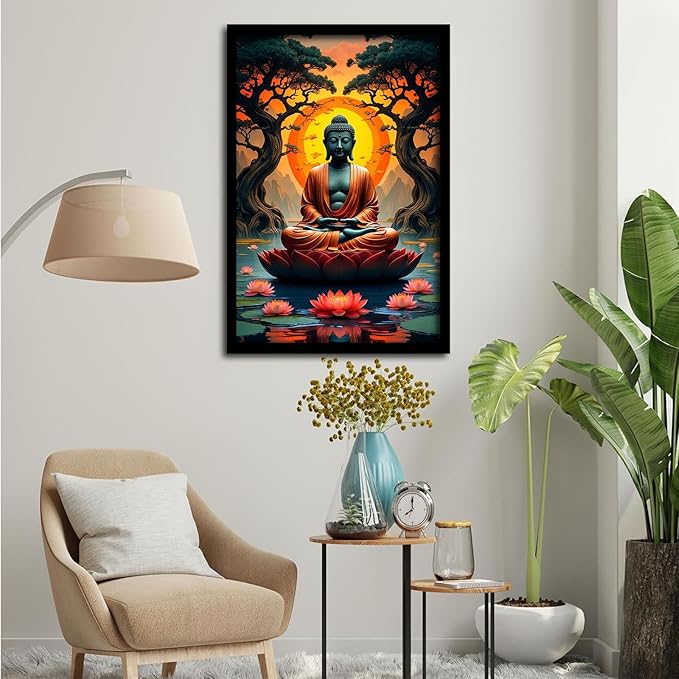 Canvas wall art Golden Buddha on lotus at sunset Ancient trees with reflections on water Serene meditation scene Uplifting wall art for mindfulness and tranquil home decor 8x12in Metal blackFramed