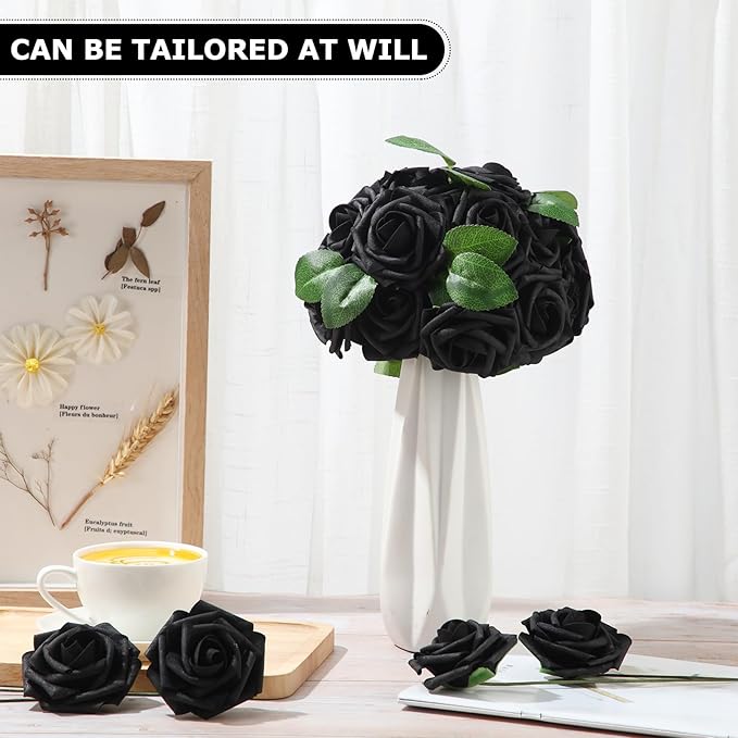 100 Pieces Artificial Foam Rose Flowers Faux Bouquet with Leaves and Stems for DIY Wedding Bouquets Centerpieces Bridal Shower Party Valentine Home Decorations(Black)