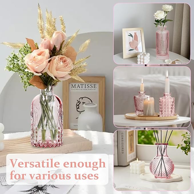 RUCKAE Pink Flower Vase in Bulk 22 Glass Bud Vases Vintage Small Vases for Centerpiece Table Wedding Decorations Home Decor Party (Pink)