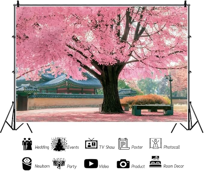 Renaiss 6x4ft Pink Cherry Blossom Backdrop Polyester Fabric Japan Cherry Floral Tree Landscape Palace Asian Themed Party Photography Background Wedding Birthday Party Decor Photo Booth Props