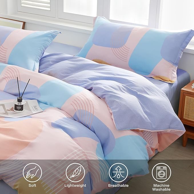 SAPHREAS Orange Blue Geometric Blocks Duvet Cover Set Queen Size 3pcs 100% Cotton Colorful Bubble Bedding Comforter Cover Set 1 Duvet Cover 2 Pillow Shams