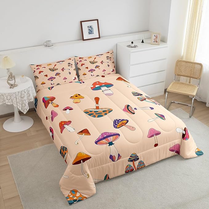 Retro Trippy Mushroom Bedding Comforters King Size,Hippie Plant Duvet Set for Bedroom Decor,60s 70s Cartoon Style Durable Comforter Set with 2 Pillowcases
