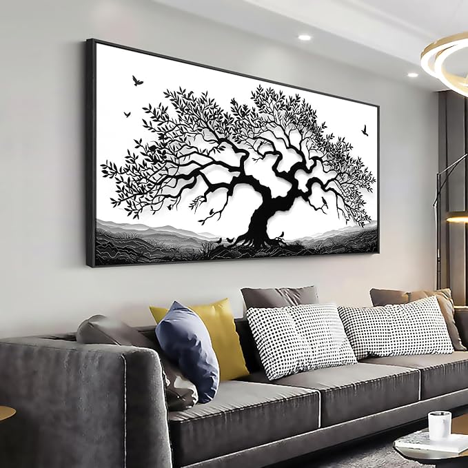 MooMel Wall Art Tree of Life White and Black Abstract Wall Art Canvas Painting for Living Room Bedroom Dining Room Home Office Decor Large Framed Ready to Hang 24"x48"