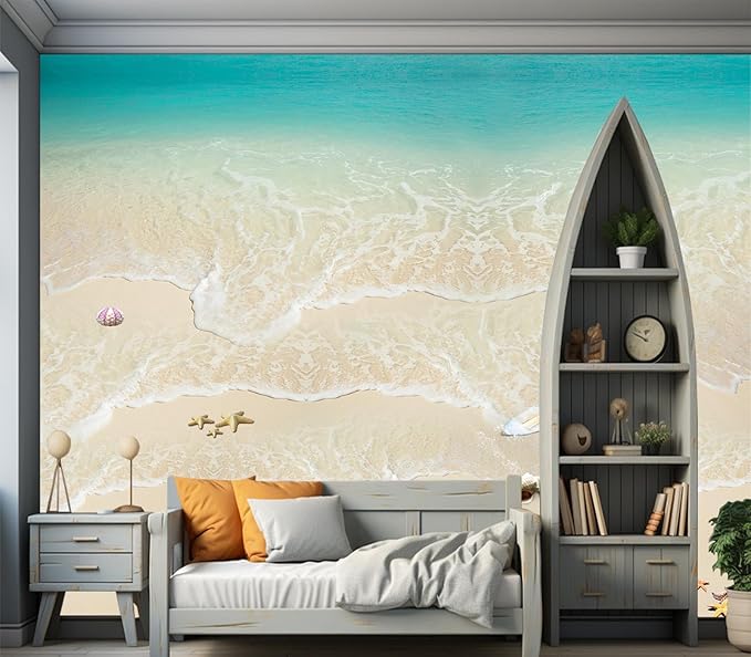 Cliouar-Top View of Background Summer Beach Wave Water Seashore Sand Beach Peel and Stick 137" x 102"