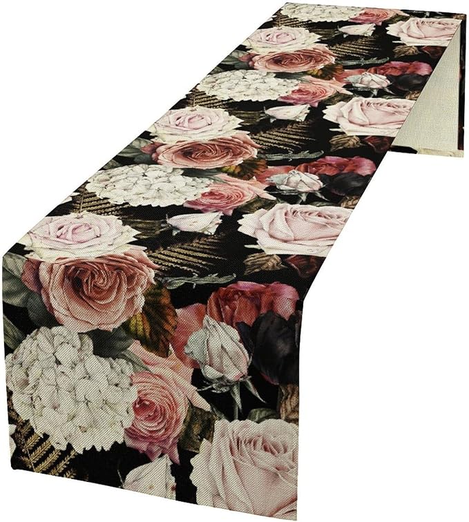 Gothic Flower Table Runner, Vintage Peony Rose Rustic Farmhouse Natural Spring Black Floral Leaves Table Runner for Home Indoor Outdoor Party Wedding Decor, 13x90inch