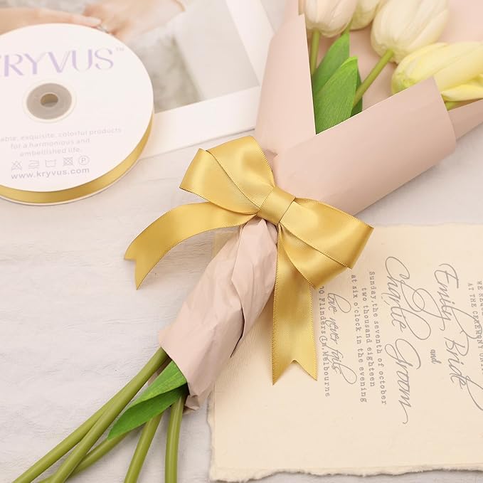 Light Gold Satin Ribbon, Double Faced 1 Inch X 25 Yards Light Gold Ribbon, Premium Satin Ribbon for Gift Wrapping, Crafts, Hair Bow Making, Sewing, Flower Bouquet, Wedding Party Decor