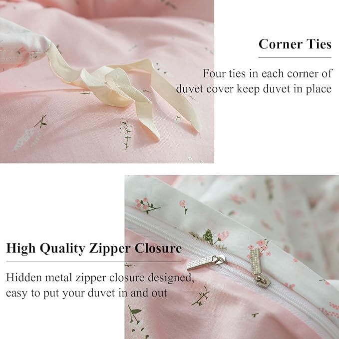 EAVD Girls Floral Duvet Cover Twin Pink White Soft Cotton Garden Aesthetic Floral Bedding Set with 2 Pillowcases Chic Shabby Vintage Botanical Comforter Cover with Zipper Closure
